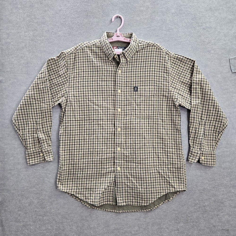 Chaps Ralph Lauren Men Button Up Shirt L Beige Plaid‎ Flannel Logo Long Sleeve